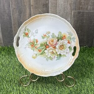 Antique German Porcelain Handled Cake Plate Floral Gold Trim c.1890-1910